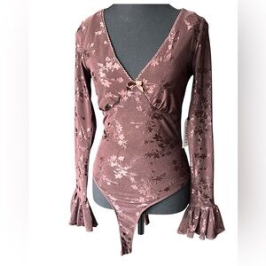 Trixxi Dark Brown Floral Lace Bodysuit  Top